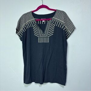 PureJill J. Jill Women's Medium Gray Embroidered Blouse V Neck Cotton/Linen